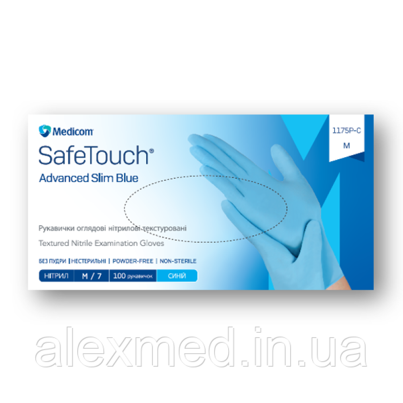 Рукавички оглядові нітрилові текстуровані без пудри нестерильні SafeTouch Advanced Slim Blue (3.6 г) M Рукавички оглядові нітрилові текстуровані без пудри нестерильні SafeTouch Advanced Slim Blue (3.6 г) M